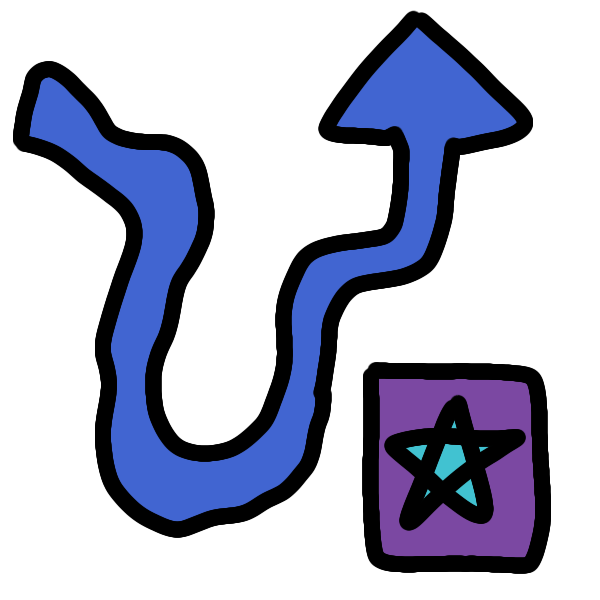 a curvy, wobbly blue arrow points goes down and then up. beside it, not pointed to, is a purple square with a cyan star in it.